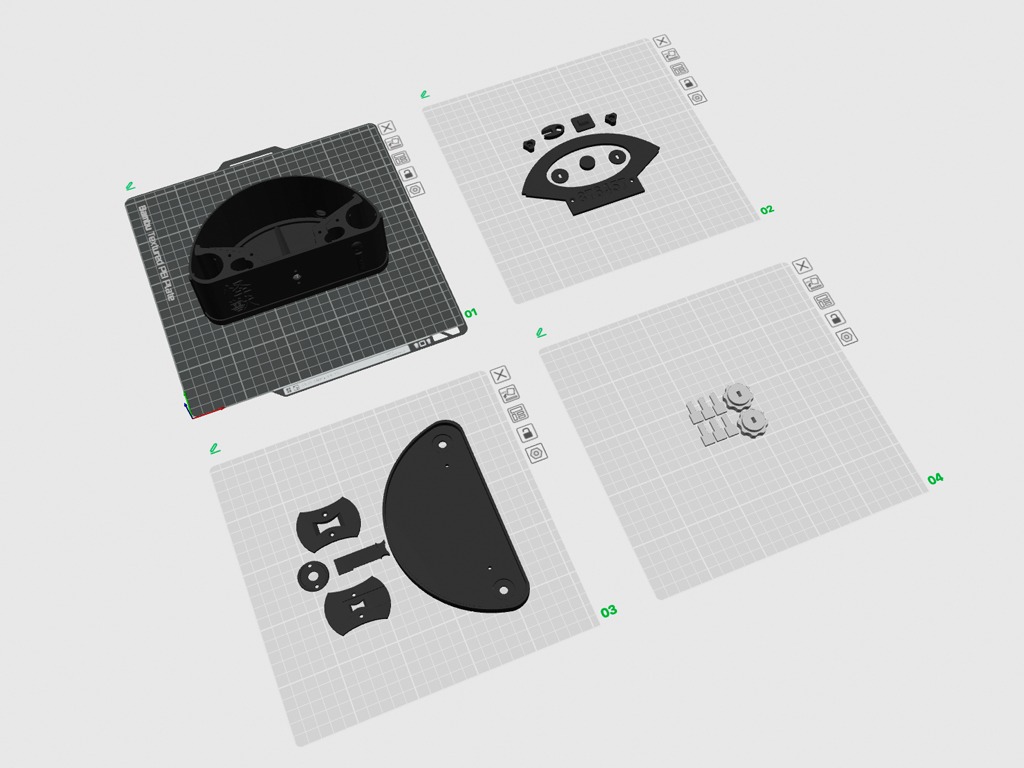 Die vier Druckplatten mit den einzelnen Bauteilen
