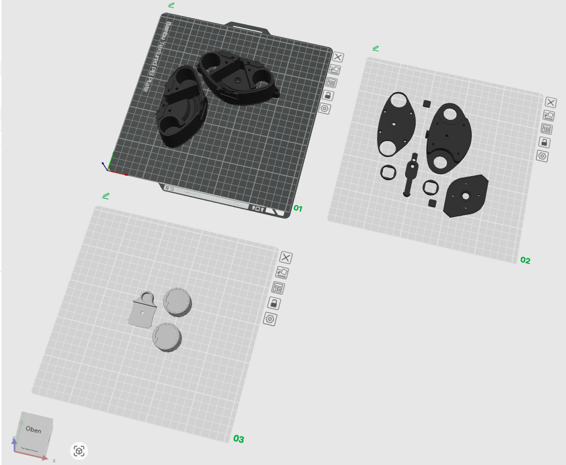 Die drei Druckplatten, welche ich für den 3D-Druck der SCURA 120 verwendet habe.