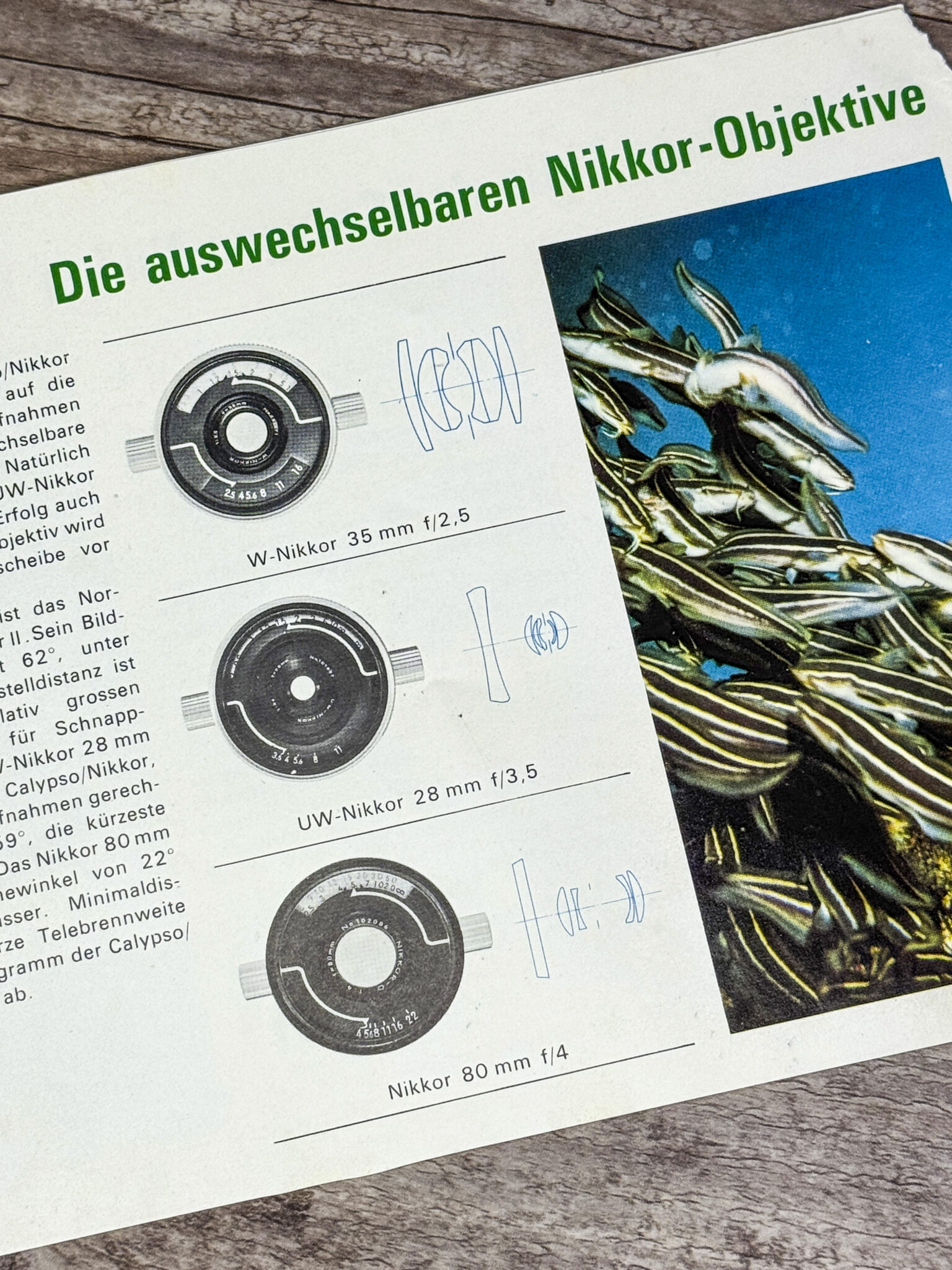Ausschnitt aus einer Werbebroschüre zu Calypso/Nikkor II. Gezeigt werden die drei Wechselobjektive mit schematischen Zeichungen des Linsenaufbaus.